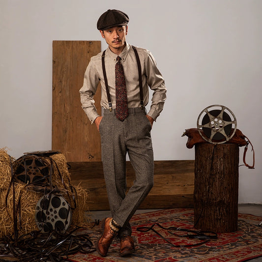 SOARIN英伦复古人字纹九分西装裤男 粗花呢痞帅商务修身直筒9分裤