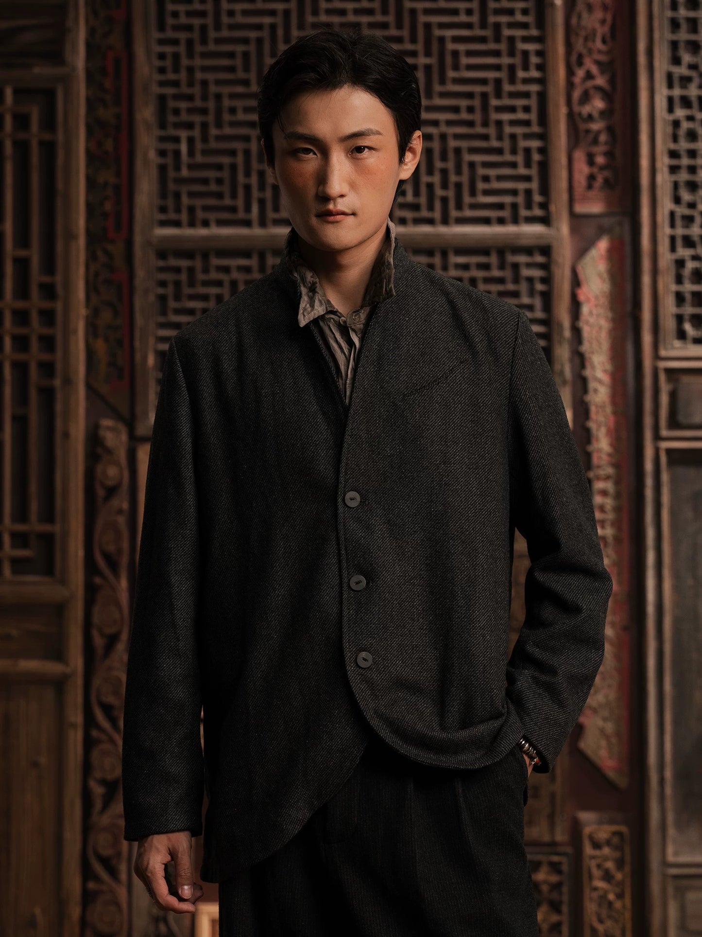 SOARIN WORLD Gai Yu Xia Heritage Series Relaxed Fit Wool Blend Stand Collar Jacket DCZ233TXZ46