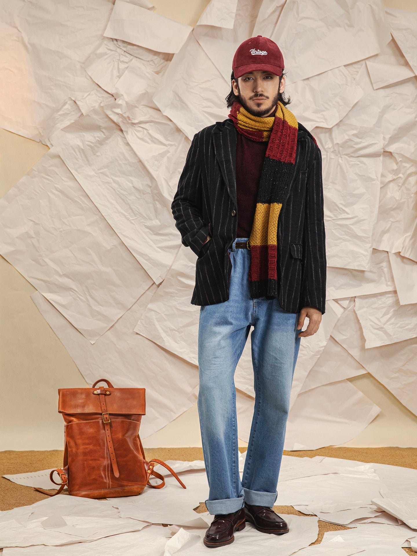 SOARIN美式复古泛白水洗蓝牛仔裤男 秋冬直筒宽松休闲工装长裤