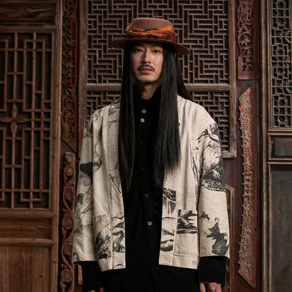 SOARIN WORLD Gai Yu Xia Heritage Collection Relaxed Fit Cotton Ouyang Hanze Ink Art Short Chinese Robe DCZ242TJ57K