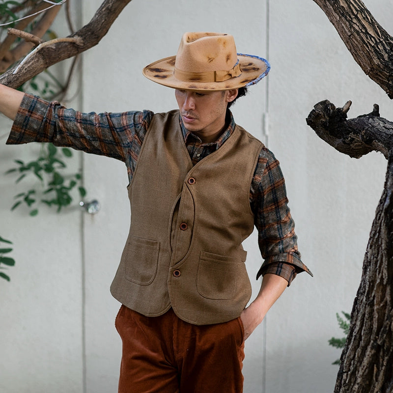 SOARIN美式复古格子马甲背心男 阿美咔叽休闲工装格纹西装马夹冬