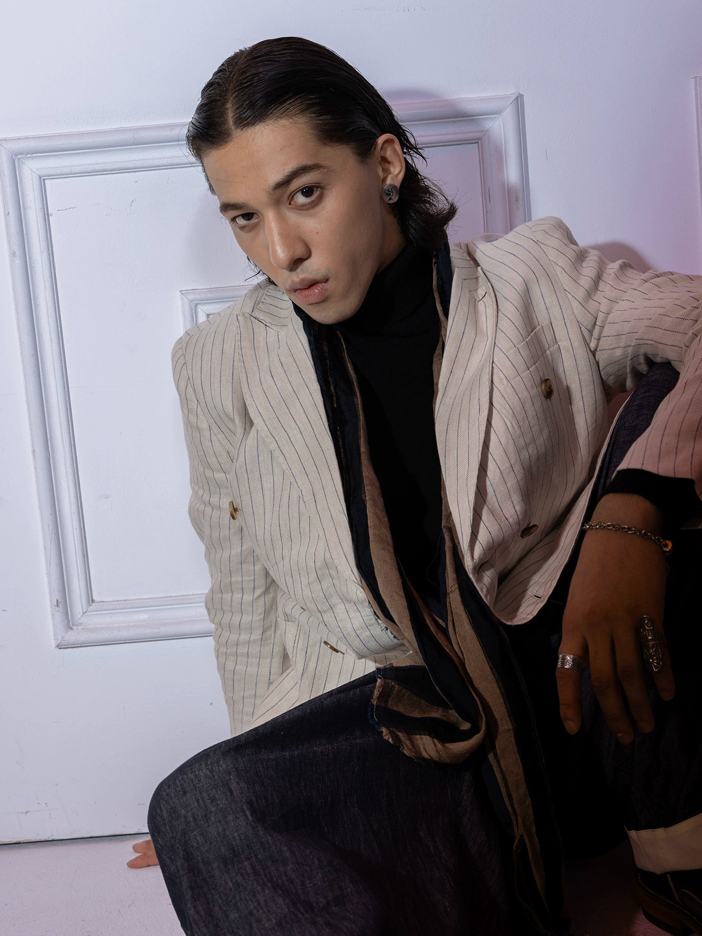 SOARIN雅痞英式条纹西装外套男 戗驳领双排扣商务休闲痞帅单西服