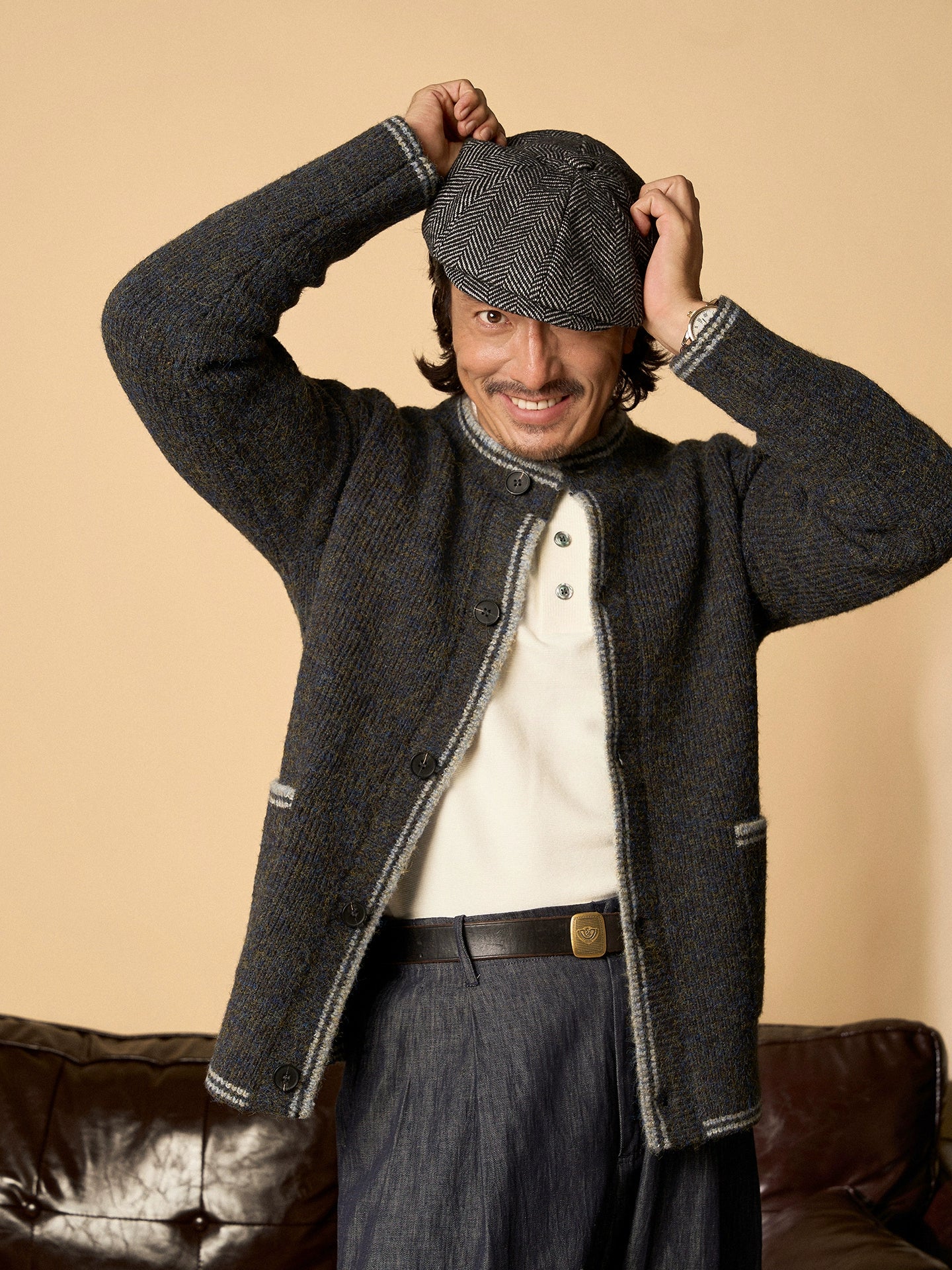 SOARIN英伦风复古圆领针织开衫男 撞色慵懒风休闲宽松毛衣外套冬