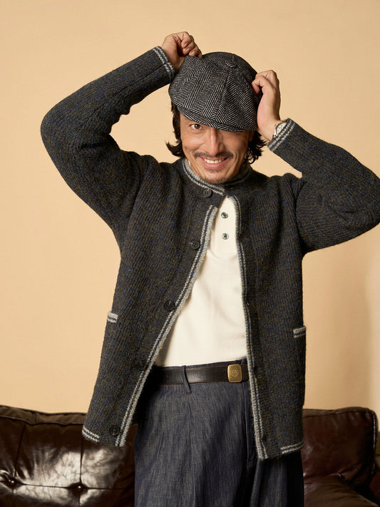 SOARIN英伦风复古圆领针织开衫男 撞色慵懒风休闲宽松毛衣外套冬