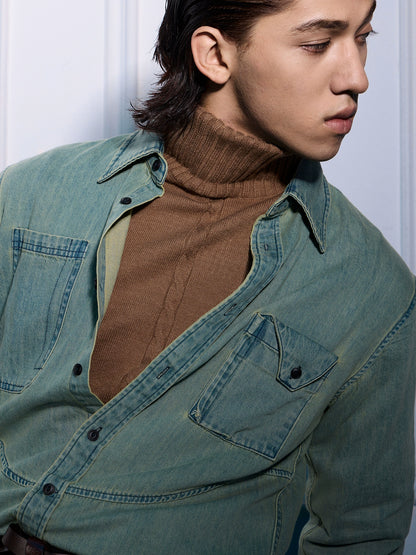 SOARIN【炒色做旧感】美式丹宁牛仔衬衫男设计感痞帅工装长袖衬衣