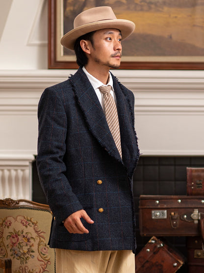 SOARIN复古经典常青藤格子西装外套男 双排扣徽章校园风羊毛西服
