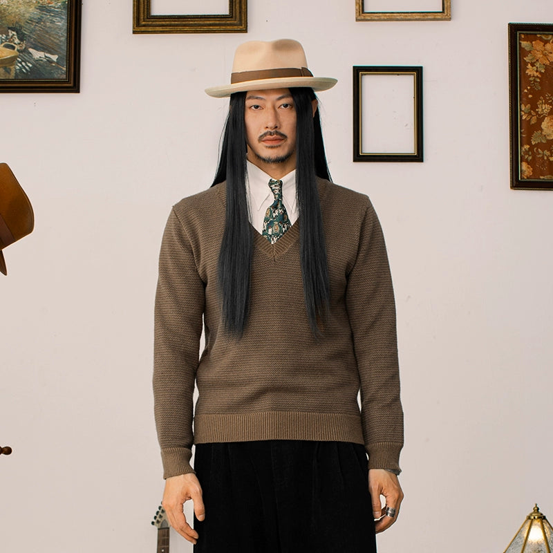 SOARIN英伦复古V领长袖针织毛衣男 重磅保暖鸡心领叠穿打底毛线衣