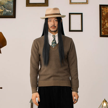 SOARIN英伦复古V领长袖针织毛衣男 重磅保暖鸡心领叠穿打底毛线衣