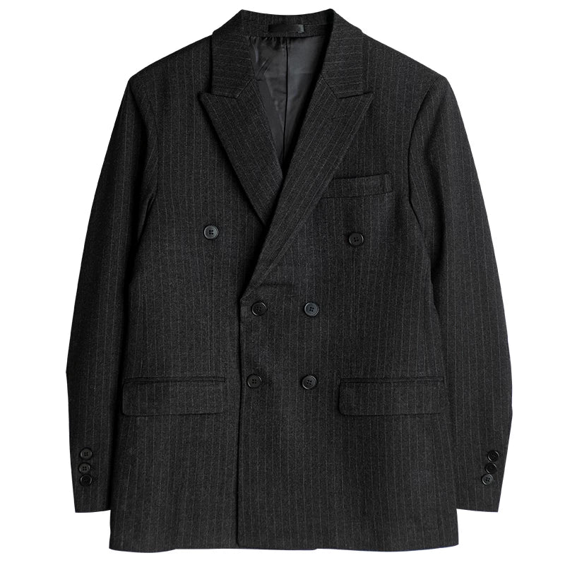 SOARIN British Retro Relaxed Fit Pinstripe Woolen Double-Breasted Suit Jacket  DY63XZ03