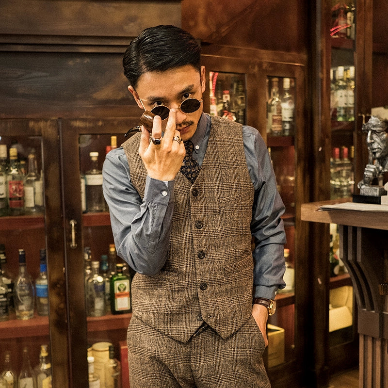 Soarin British Vintage Style Striped Plaid Vest Business Casual Slim-Fit Suit Vest
