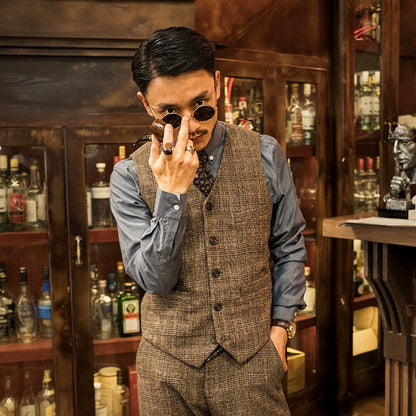 Soarin British Vintage Style Striped Plaid Vest Business Casual Slim-Fit Suit Vest