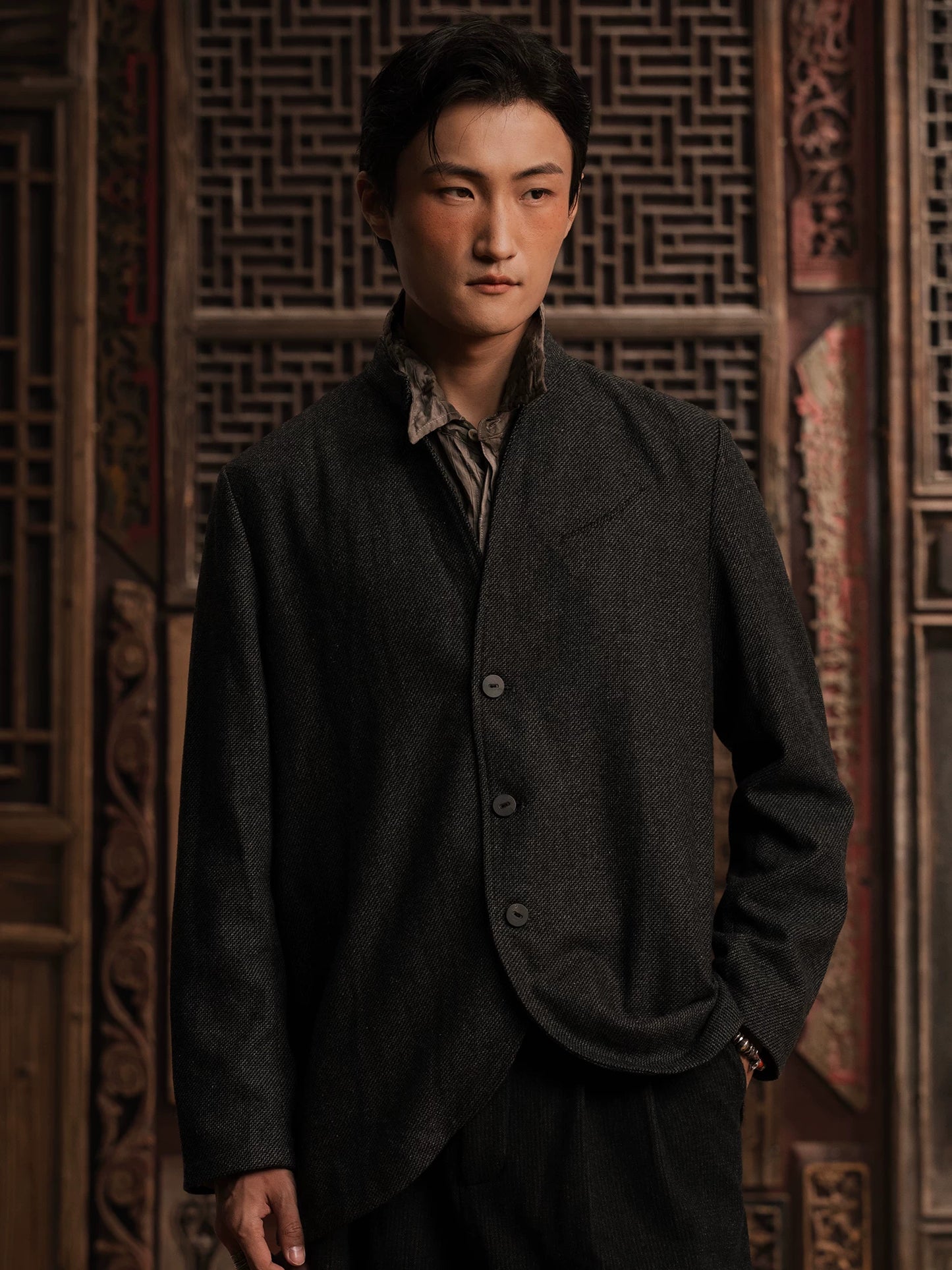 SOARIN WORLD Gai Yu Xia Heritage Series Relaxed Fit Wool Blend Stand Collar Jacket DCZ233TXZ46