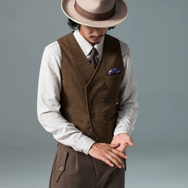 SOARIN英伦复古双排扣西装马甲男 毛呢拼接商务休闲修身马夹背心