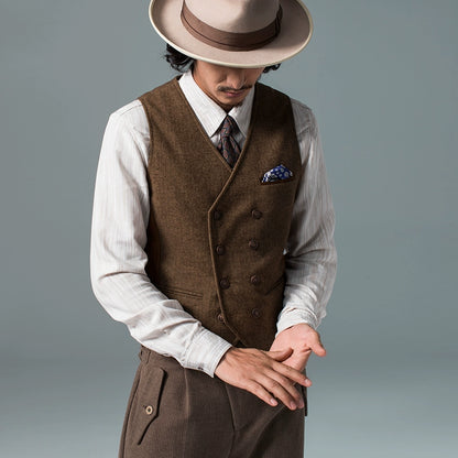 SOARIN英伦复古双排扣西装马甲男 毛呢拼接商务休闲修身马夹背心