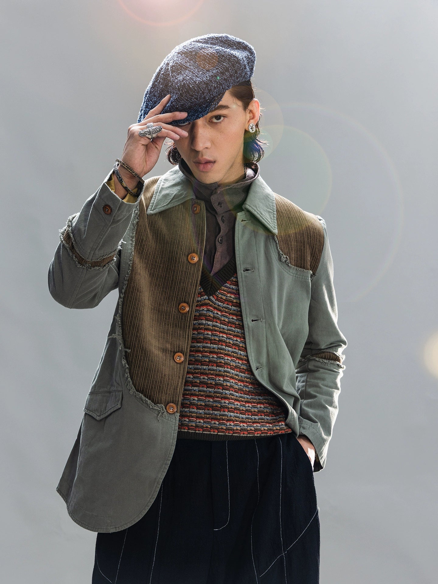 SOARIN【解构设计】独立复古拼接西装外套男不规则毛边长款单西服