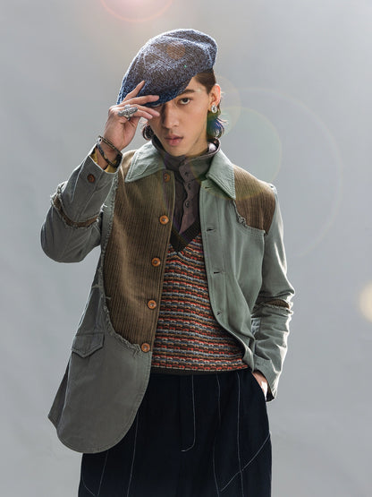 SOARIN【解构设计】独立复古拼接西装外套男不规则毛边长款单西服