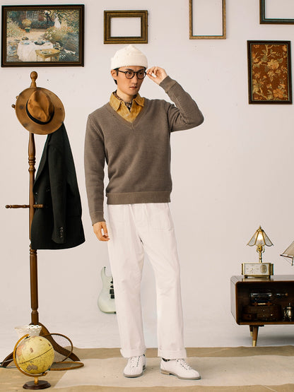 SOARIN英伦复古V领长袖针织毛衣男 重磅保暖鸡心领叠穿打底毛线衣