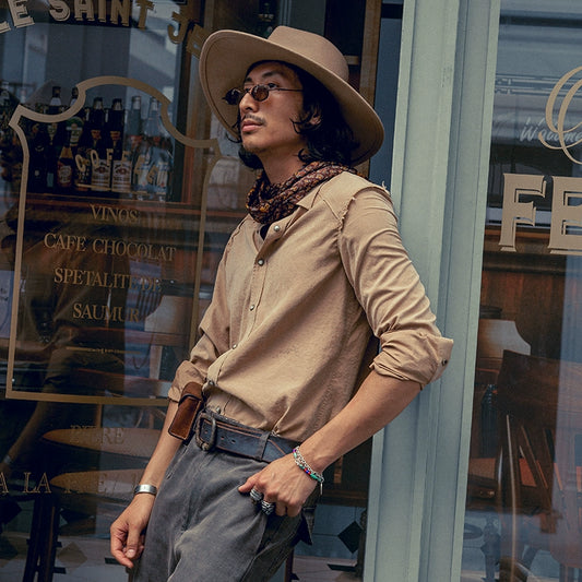 SOARIN复古西部风美式工装衬衫男原创设计感雅痞拼接毛边长袖衬衣