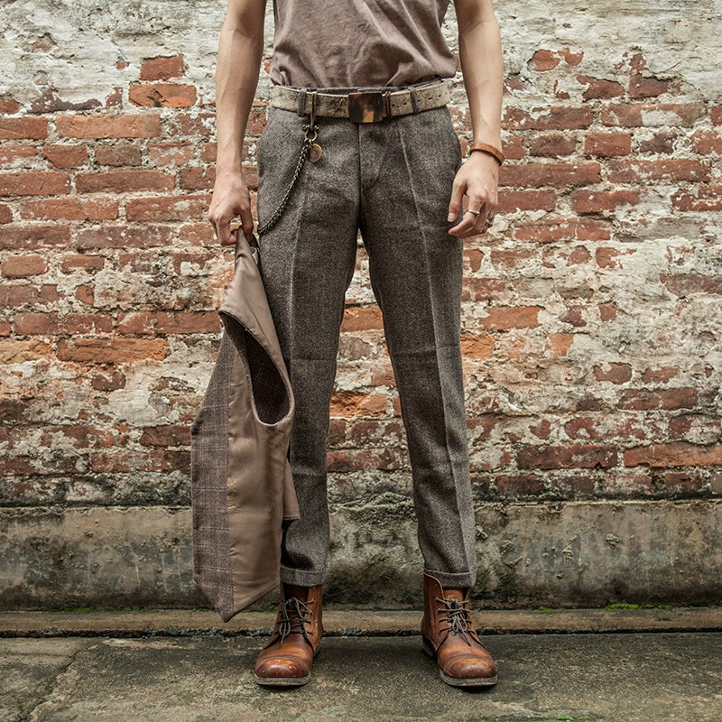 SOARIN英伦复古人字纹九分西装裤男 粗花呢痞帅商务修身直筒9分裤