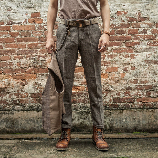 SOARIN英伦复古人字纹九分西装裤男 粗花呢痞帅商务修身直筒9分裤
