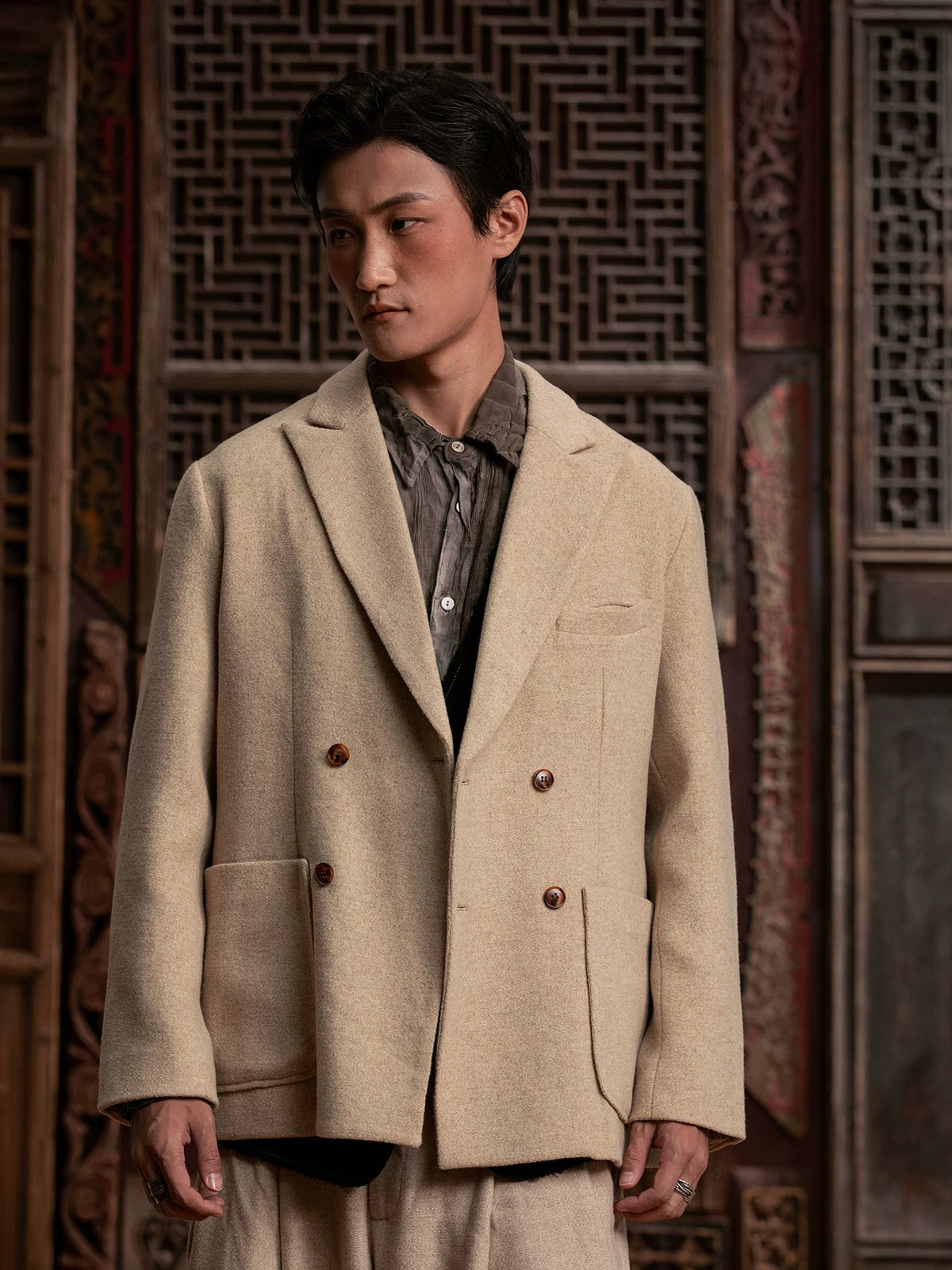 SOARIN WORLD Gai Yu Xia Heritage Series Relaxed Fit Wool Blend Double-Breasted Blazer DCZ233TXZ23