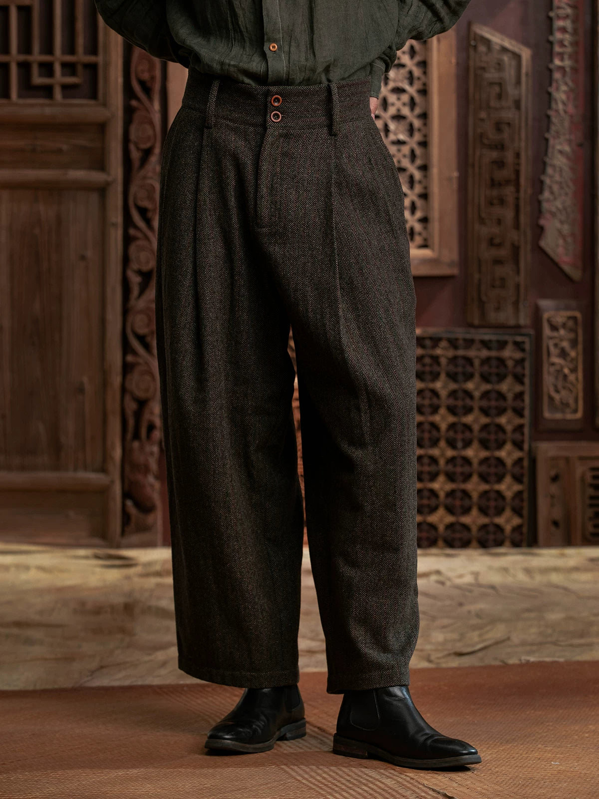 SOARIN WORLD Gai Yu Xia Heritage Series Relaxed Fit Wool Blend Pleated Trousers DCZ233TF71
