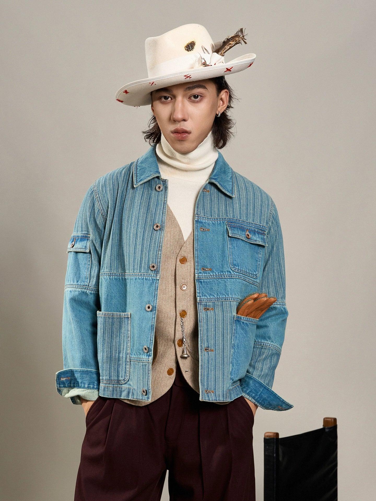 SOARIN美式复古拼接牛仔夹克男 阿美咔叽多口袋功能工装条纹外套