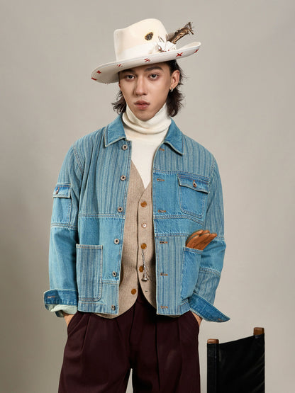 SOARIN美式复古拼接牛仔夹克男 阿美咔叽多口袋功能工装条纹外套