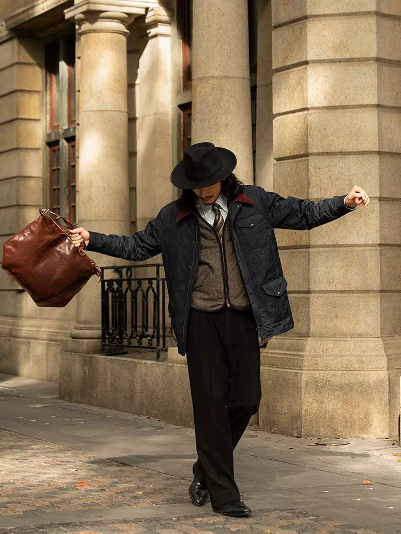 SOARIN美式复古菱形格中长款棉服外套男 阿美咔叽拼接冲锋衣夹克