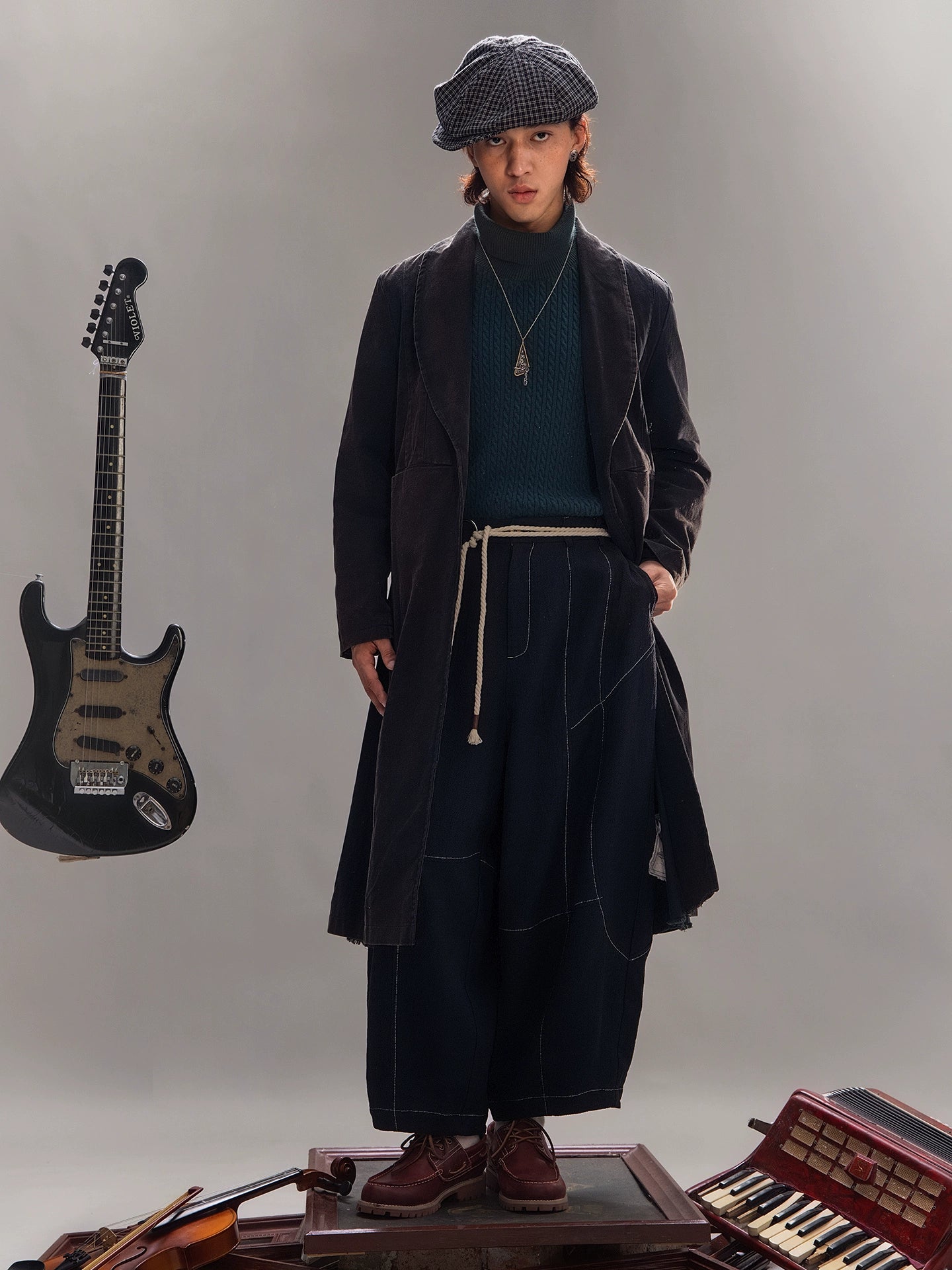 SOARIN【做旧黑】独立复古青果领大衣男新中式休闲中长款风衣外套