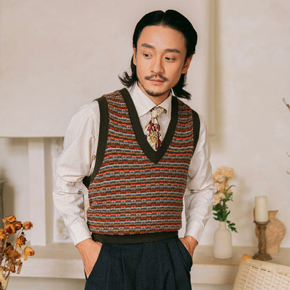 SOARIN复古民族风费尔岛毛衣男女款 vintage古着套头提花针织背心