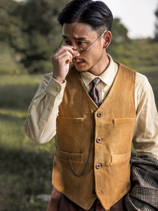 SOARIN【双面穿】西部风灯芯绒马甲男复古美式工装鹿皮绒马夹背心