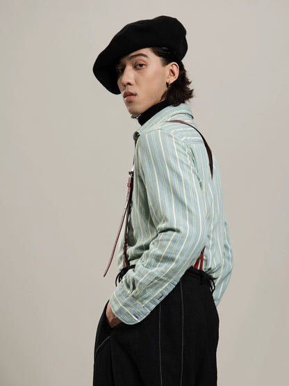 SOARIN美式复古条纹长袖衬衫男 vintage痞帅商务休闲纯棉西装衬衣