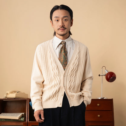 SOARIN意式绅装绞花毛衣男 高级感商务通勤休闲V领针织开衫外套冬