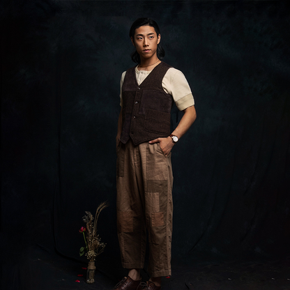 SOARIN WORLD Gai Yu Xia Vintage Distressed Straight-Fit Patchwork Linen Trousers Z92F208