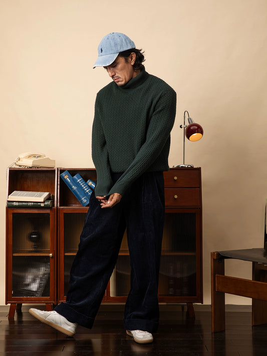 SOARIN英伦风复古高领针织毛衣男  老钱风重磅休闲打底坑条毛线衣