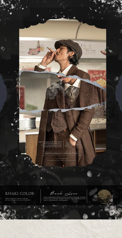 SOARIN英伦复古羊毛中长款大衣男 浴血黑帮毛呢休闲西装风衣外套