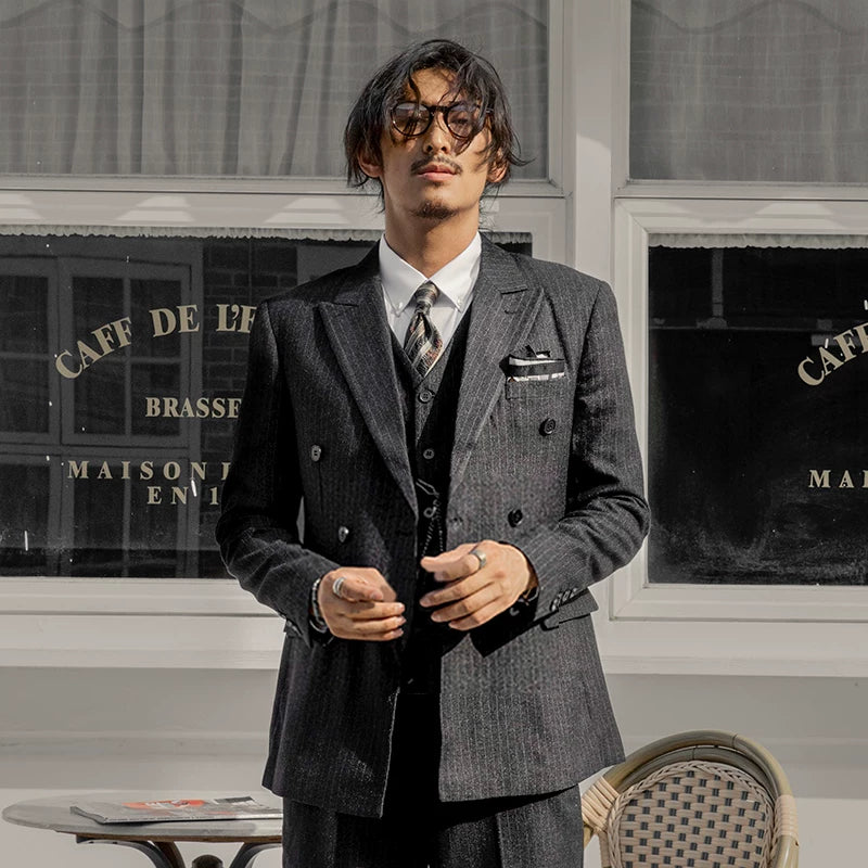 SOARIN British Retro Relaxed Fit Pinstripe Woolen Double-Breasted Suit Jacket  DY63XZ03