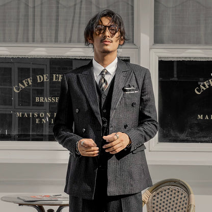 SOARIN British Retro Relaxed Fit Pinstripe Woolen Double-Breasted Suit Jacket  DY63XZ03