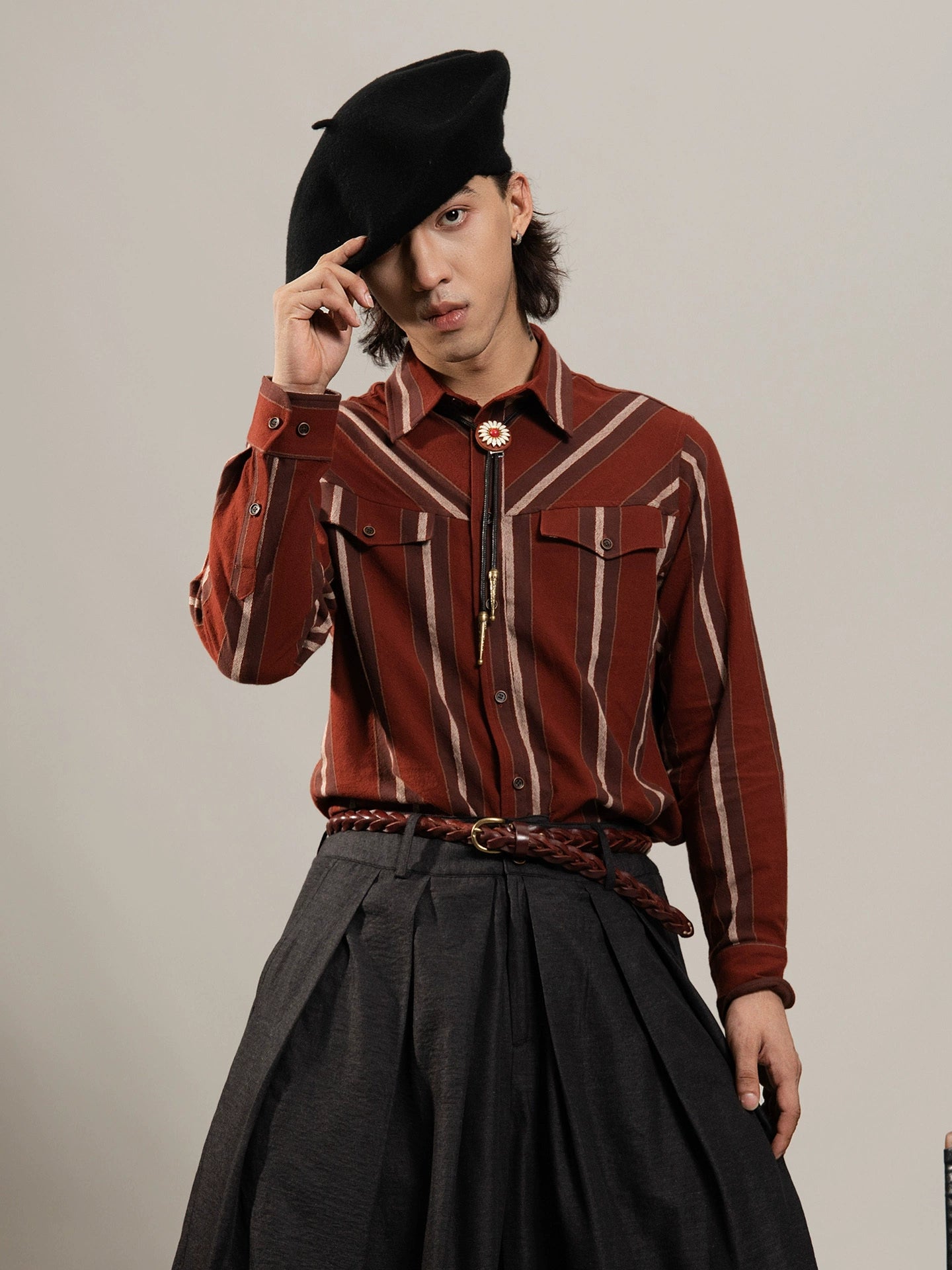 SOARIN美式复古红色大条纹长袖衬衫男阿美咔叽西部风休闲工装衬衣