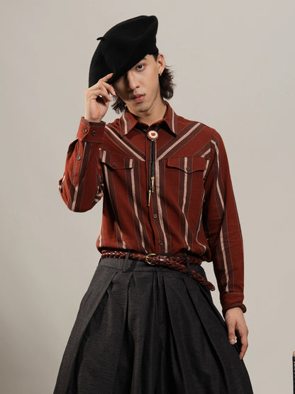 SOARIN美式复古红色大条纹长袖衬衫男阿美咔叽西部风休闲工装衬衣