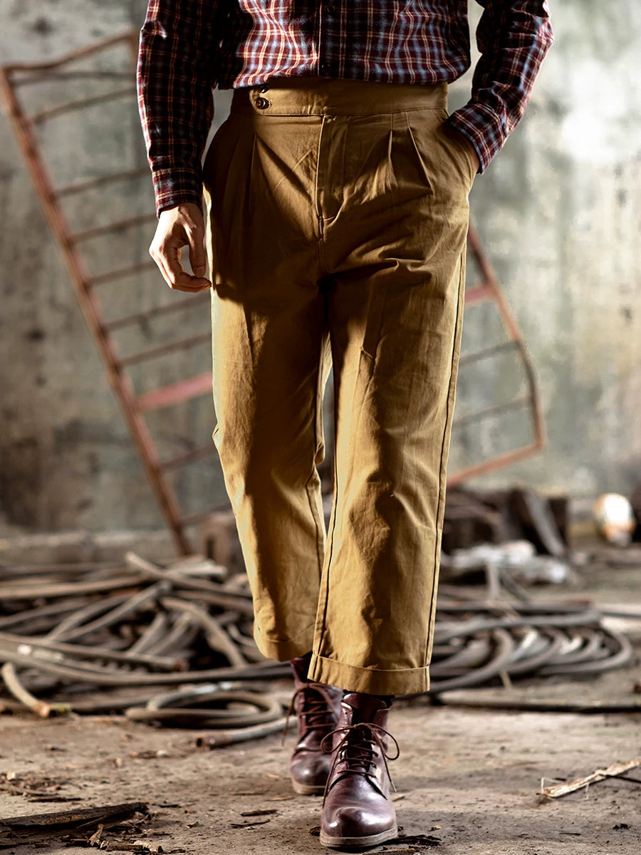 SOARIN Vintage British High-Waisted Pleated Cotton Chino Trousers YAOZ23321F106