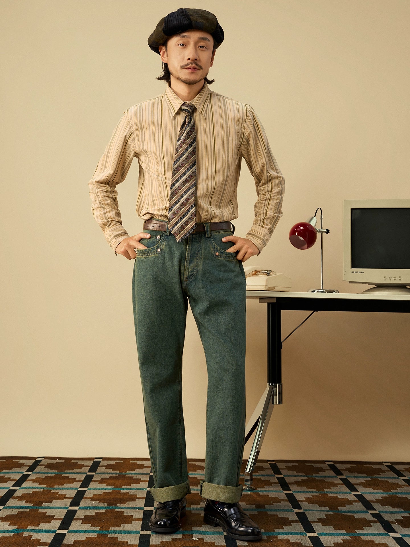 SOARIN英伦风复古纯棉条纹长袖衬衫男高级感商务休闲修身西装衬衣