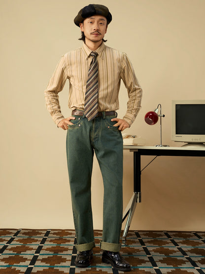 SOARIN英伦风复古纯棉条纹长袖衬衫男高级感商务休闲修身西装衬衣