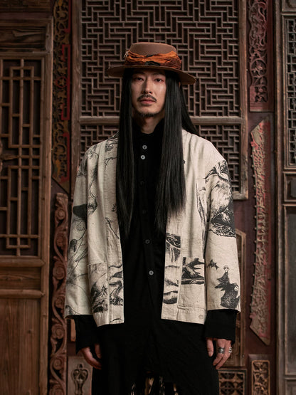 SOARIN WORLD Gai Yu Xia Heritage Collection Relaxed Fit Cotton Ouyang Hanze Ink Art Short Chinese Robe DCZ242TJ57K