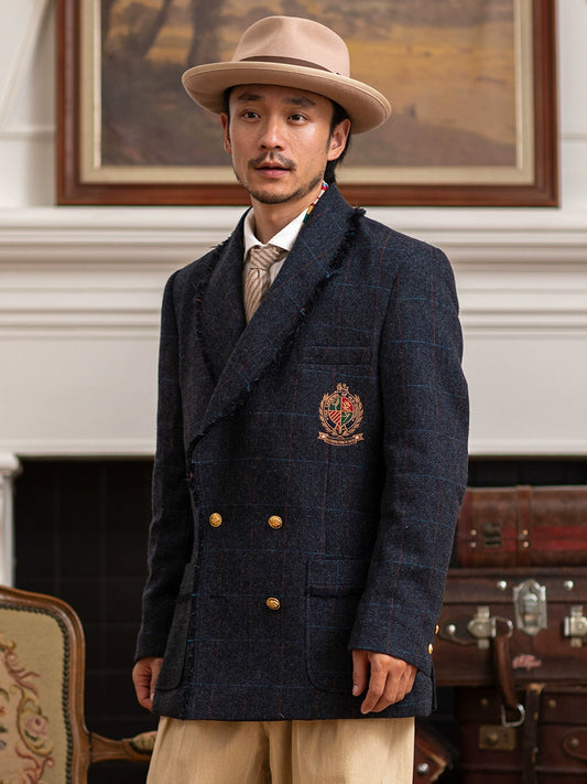 SOARIN复古经典常青藤格子西装外套男 双排扣徽章校园风羊毛西服