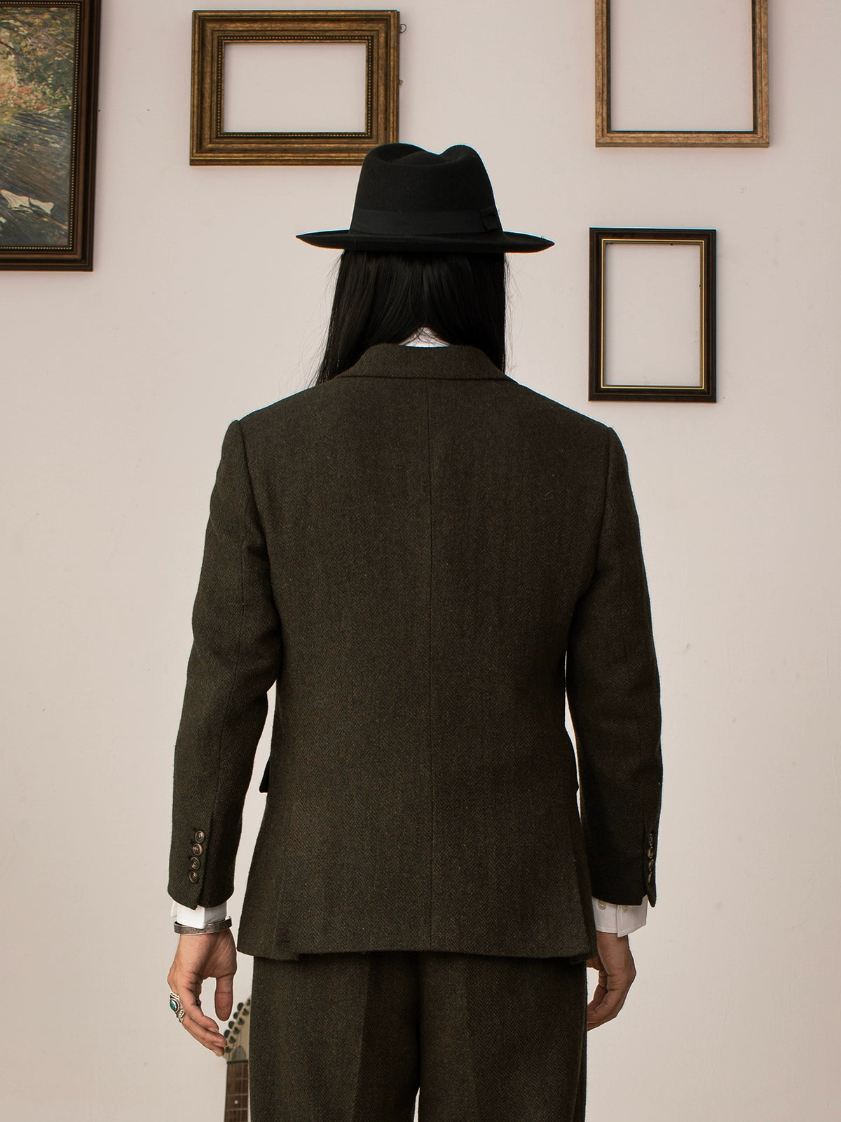 SOARIN英伦复古双排扣西装外套男戗驳领人字纹毛呢商务休闲单西服