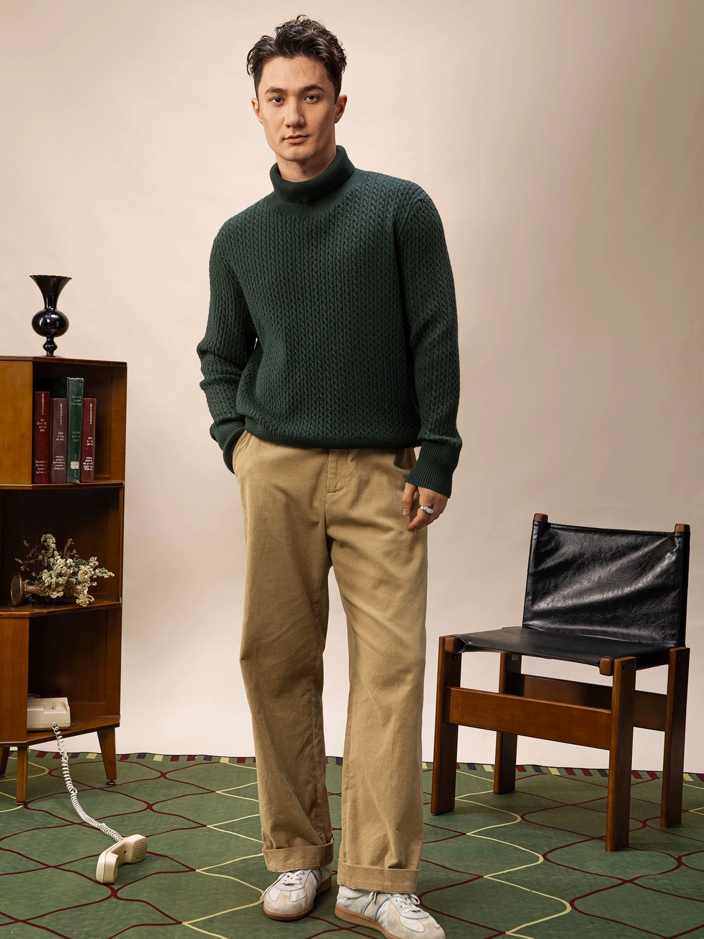 SOARIN英伦风复古高领针织毛衣男  老钱风重磅休闲打底坑条毛线衣