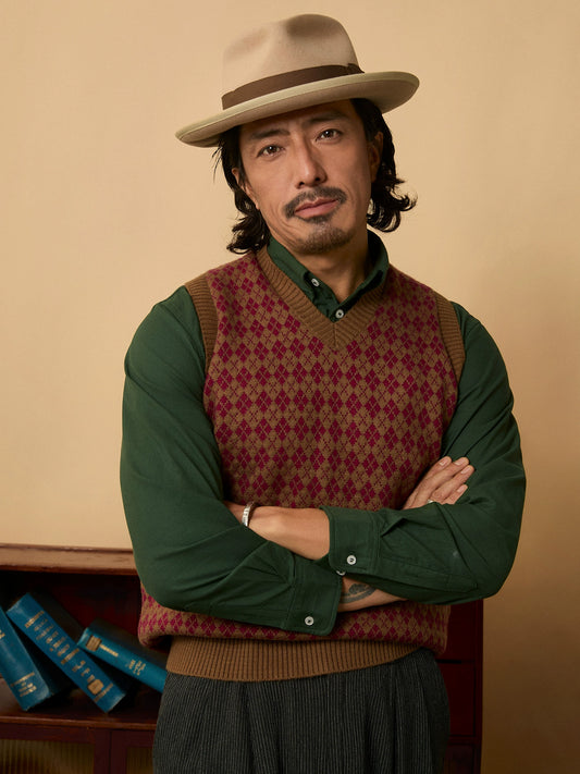 SOARIN复古老钱风菱格费尔岛毛衣背心男 英式提花针织衫马甲坎肩