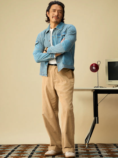 SOARIN美式复古拼接牛仔夹克男 阿美咔叽多口袋功能工装条纹外套